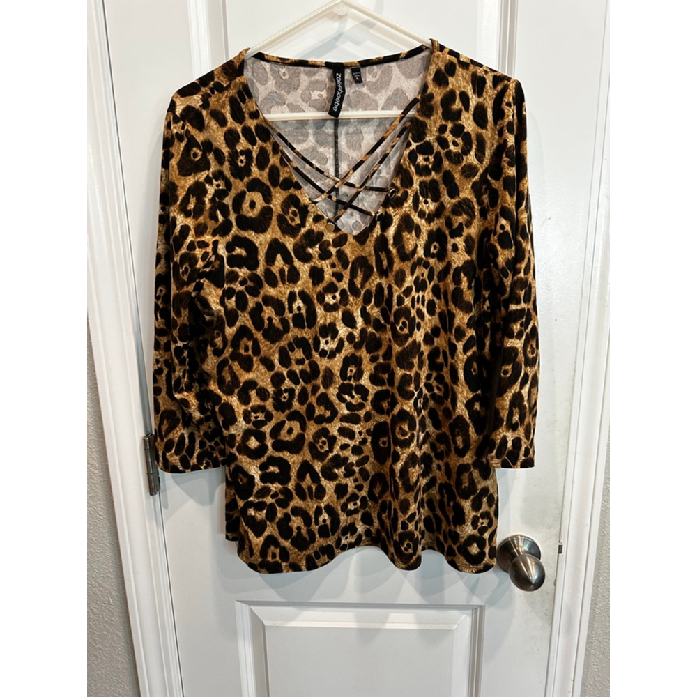 Zoe+Phoebe Leopard Print Long Sleeve Tee Brown Black L